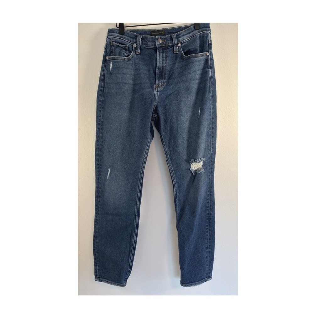 Silver Jeans Womens 29/28 Blue Frisco Straight Denim Pants Distressed High Rise